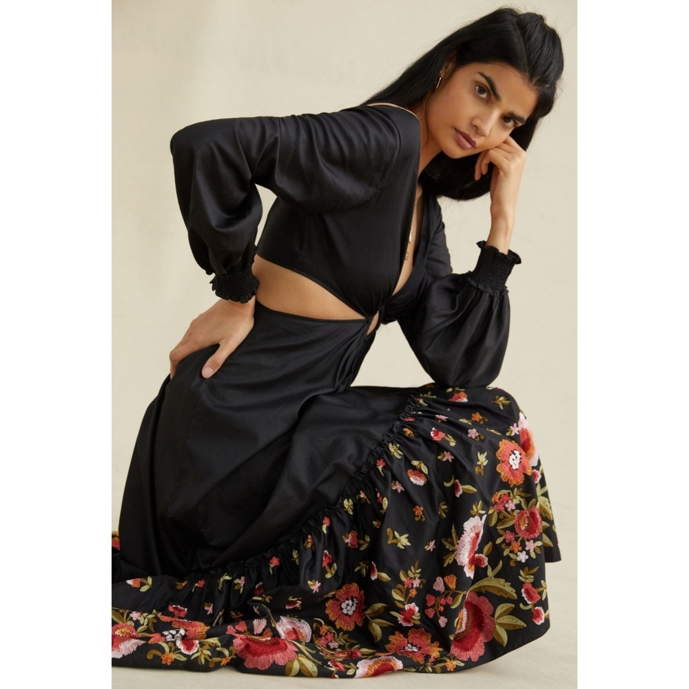NWT Anthropologie Geisha Designs Karolina Cut-Out Maxi Dress Large Black Motif